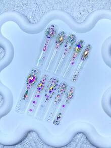 10片Y2K超长法式美甲贴片，全覆盖，手工制作，带有3D闪亮水钻装饰，完美适用于婚礼、派对、情人节、生日、圣诞节礼物，贴合度极佳，可重复使用，包含1片果冻胶/1片迷你磨砂贴，可拆卸美甲贴片套装，适合女士和女孩在节日派对和日常佩戴，美甲产品 - 彩色 - 查看 2