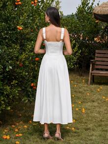 PARTHEA Elegant Women's Long A-Line Dress With V-Neck And Ruched Backless Smocking Bust Shirred Flared Hem Non-Stretch Fabric For Casual Style - White - View 2