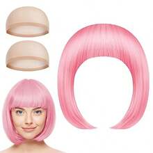 DShort Bob Wig For Women Ago With 2 Hairnets Colored Straight Wigs With Bangs Neon Colorful Synthetic Wig Natural As Real Hair Funny Costume Wigs For Halloween Party Anime Cosplay - Pink - View 7