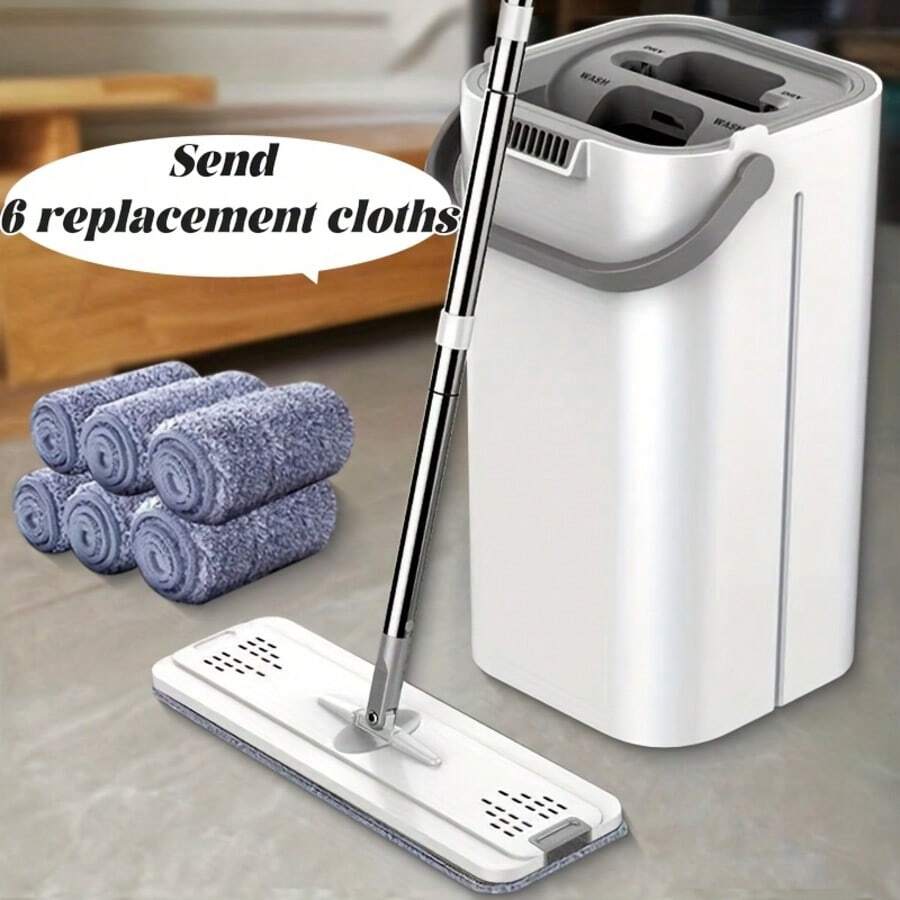 Hands-Free Flat Mop And Bucket Set With Long Handle, Wringer, 6 Reusable Microfiber Pads, 360° Flexible Swivel For Floor Cleaning And Wall Cleaning, Mop And Bucket Cleaning Set - 白色 - 查看 1