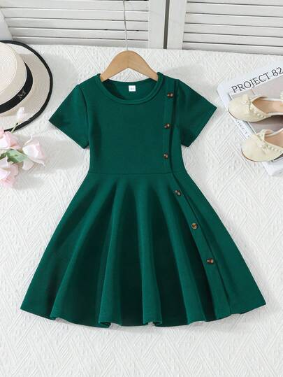 4-7Y Toddler Dress, Simple & Comfortable, Faux Button Decor Short Sleeve Solid Color Dress, Suitable For Daily Outdoor Wear