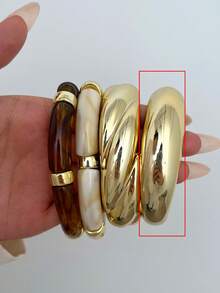 4pcs/Set Vintage Minimalist Elegant Resin Acrylic Brown Elastic Bracelet & Bangle Set, Gold Stripe Smooth Open Cuff, Suitable For Women Daily, Party, Valentine's Day, Dating, Holiday Gift, Stackable, 2026 New Arrival - Gold - View 8