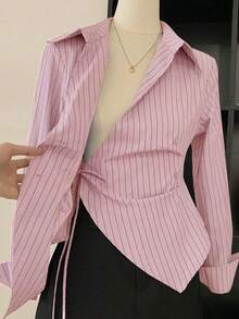 Women's Casual Commuter Striped Wrap Shirt - Pink - View 4