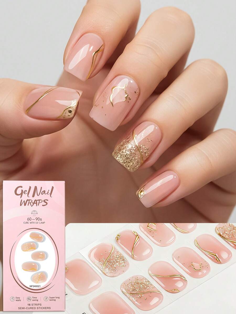 Bộ 16 miếng dán móng tay gel bán khô, thiết kế đường kẻ vàng lượn sóng màu hồng nude thanh lịch và tinh tế, tông màu nhẹ nhàng với viền vàng trang trí, chất lượng salon, cần đèn UV, phù hợp cho phụ nữ và bé gái sử dụng hàng ngày, hẹn hò, tự làm móng nhanh chóng, dụng cụ làm móng nghệ thuật thời trang.