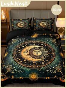 Bộ ga trải giường in kỹ thuật số họa tiết Mặt Trời, Mặt Trăng & Sao (1 ga trải giường + 2 vỏ gối, không bao gồm ruột gối), chất liệu sợi polyester mềm mại, thân thiện với da, phù hợp cho phòng ngủ, phòng ngủ chính, phòng khách, mọi mùa. - Nhiều màu - Xem 2