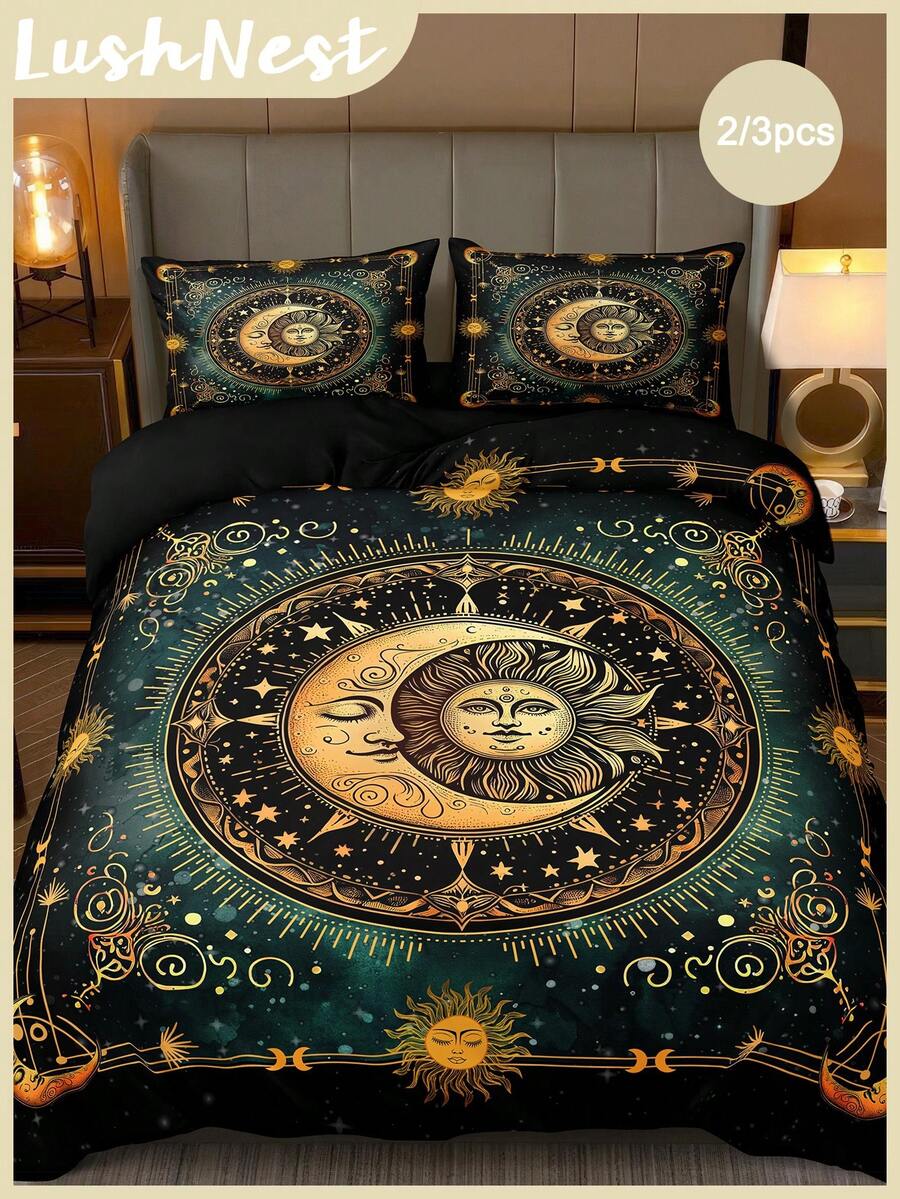 Bộ ga trải giường in kỹ thuật số họa tiết Mặt Trời, Mặt Trăng & Sao (1 ga trải giường + 2 vỏ gối, không bao gồm ruột gối), chất liệu sợi polyester mềm mại, thân thiện với da, phù hợp cho phòng ngủ, phòng ngủ chính, phòng khách, mọi mùa.