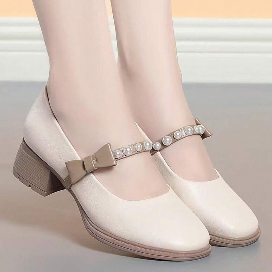 Zapatos Mary Jane con lazo, suela suave, nuevo estilo de primavera 2025, inspirados en , con perlas, tacón medio grueso, zapatos de cuero ligeros - Blanco - Ver 1