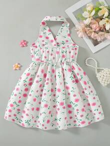 Girls Casual Floral Print Decor Button Design Hollow Back Flared Hem Sleeveless Knee-Length Dress, Suitable For Spring/Summer - Pink - View 3