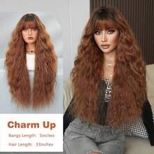 D33In Auburn Brown Curly Wig With Bangs Chestnut Red Heat-Resistant Synthetic Wig Natural Looking Wigs For Daily Use Cosplay Party Gifts For Women - 栗紅色 - 查看 5