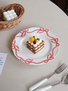 1pc Ceramic Plate With Butterfly Ribbon Decor, Elegant Pink Butterfly Salad/Dessert Plate, Suitable For Home Dining, Restaurant Dessert Display, Gift, Holiday Decoration