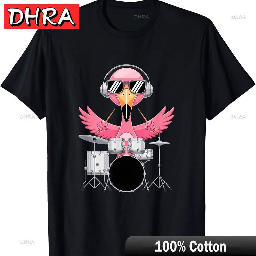 Cool Flamingo Playing Drums With Headphones And Shades T-Shirt Casual Graphic Tops Y2K Vintage Modern Shirts T-Shirts Female - 黑色 - 查看 1