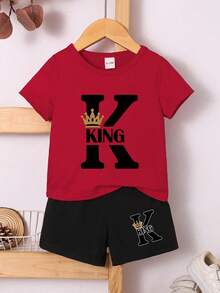 Toddler Boys' Fashionable Letter K Print T-Shirt And Shorts Set, Spring/Summer - Red - View 2