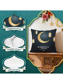 2 Stück Ramadan Mubarak/Kareem dekorative Kissenbezüge, tiefseeblau mit goldenem Cut Out Stern- und Mondlaternen-Design, luxuriöse Dekoration für Wohnzimmer & Schlafzimmer, islamisches Festtagskissenbezug (ohne Kissenfüllung) - Verschiedenfarbig - Übersicht 6