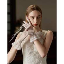 Short Lace Mesh Gloves Tulle Border With Pearls Wedding Opera Tea Party Gloves For Women Formal,OneSize,Ivory-3 - 象牙-3 - 查看 4