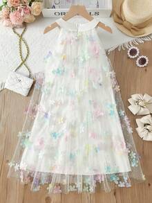 Tween Girl Colorful Floral Sleeveless Halter Loose Mesh Dress - Multicolor - View 2
