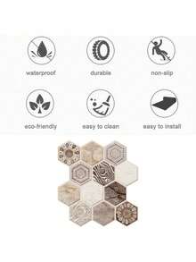 1/10片装波西米亚风3D墙贴棕色六边形自粘墙板，几何自粘防溅瓷砖，加厚设计防水耐热，适用于浴室、厨房、客厅、卧室装饰 - 棕色 - 查看 7