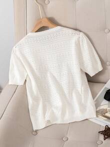 GIGOGOU Dam Andningsbar Stickad Kofta T-shirt, Modern Kortärmad T-shirt, Vår/Sommar Vit - Vitt - Visa 6