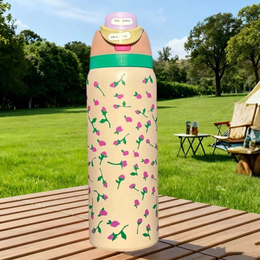 32oz Printed Insulated Water Bottles Features A Variety Of Eye-Catching Designs, Including Colorful Floral And Cartoon Patterns. The Portable Handle Fits Into Car Cup Holders, And The Large 32-Ounce Capacity Is Enough To Meet Your Hydration Needs Throughout The Day. It's A Stylish And Practical Drinking Companion For Commuting, The Office, Outdoor Camping, And Road Trips. - Màu be - Xem 1