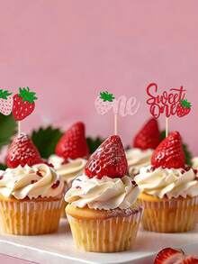 12支/24支装心形纸杯蛋糕装饰棒，带闪亮亮片，满月派对草莓纸杯蛋糕装饰插牌，浆果心形纸杯蛋糕装饰，适合生日派对用品、主题派对、节日派对装饰 - 彩色 - 查看 6