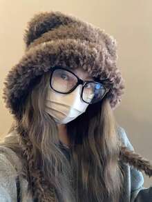 1顶可爱毛绒熊耳针织帽，保暖护耳飞行员帽，时尚毛绒护耳针织帽（女款） - 多色 - 查看 8