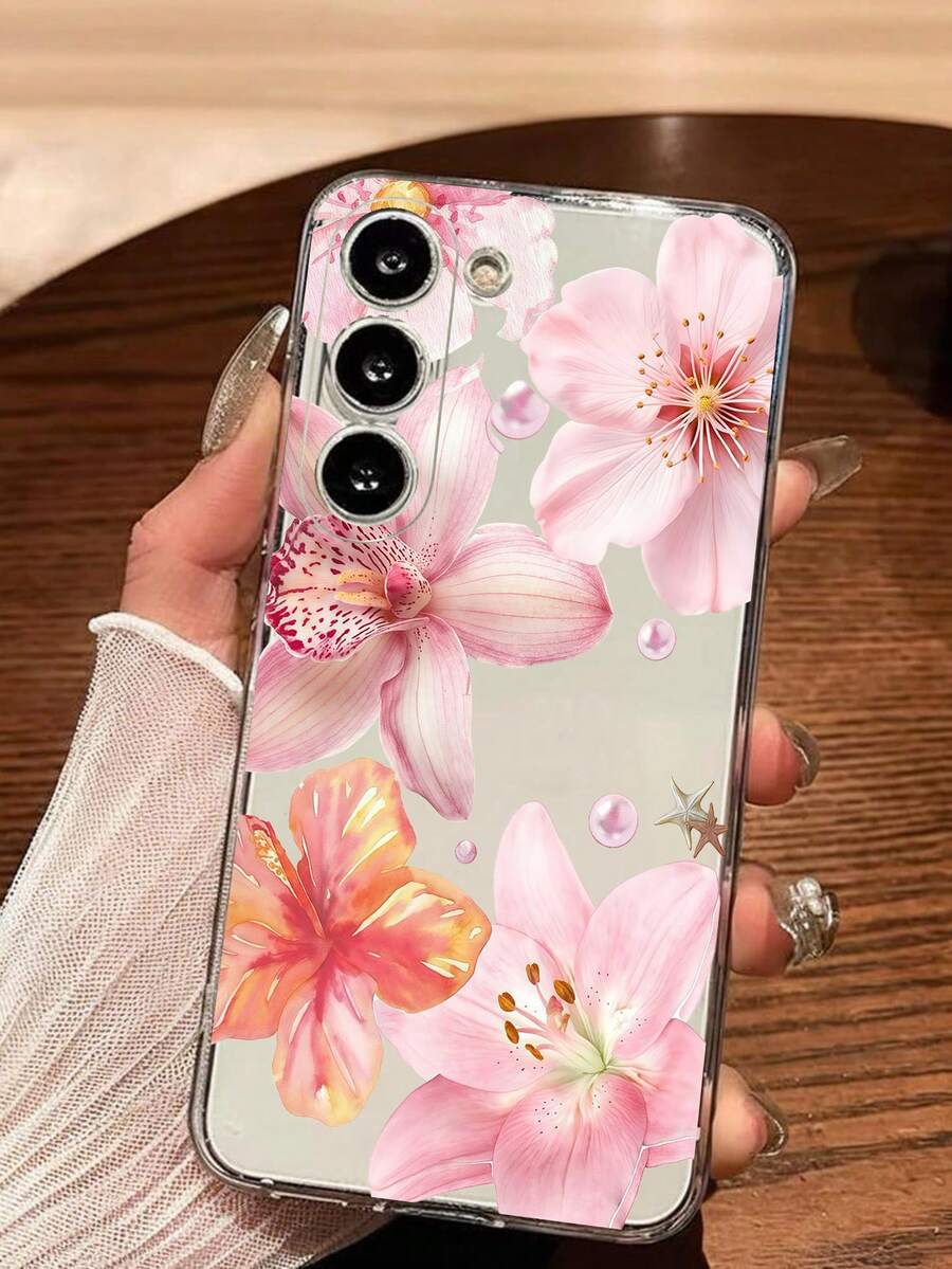 1个优雅粉色花朵和仿珍珠软手机壳，兼容华为荣耀、红米、三星Galaxy A04e/12/A13/A14/A34/A50/A52/A53/A54/S21/S22/S23/S24/S25/S25 Ultra、6A/7A/8A、12T/13T，国际版，非国内版 - 無色 - 查看 1