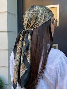 1 chiếc khăn vuông bằng satin in họa tiết tối giản, khăn trùm đầu thời trang mùa xuân mới dành cho nữ, có thể dùng làm thắt lưng, trang trí túi xách, ruy băng, băng đô hoặc khăn quàng cổ, lựa chọn lý tưởng để tôn lên vẻ ngoài của bạn. - màu đen - Xem 3