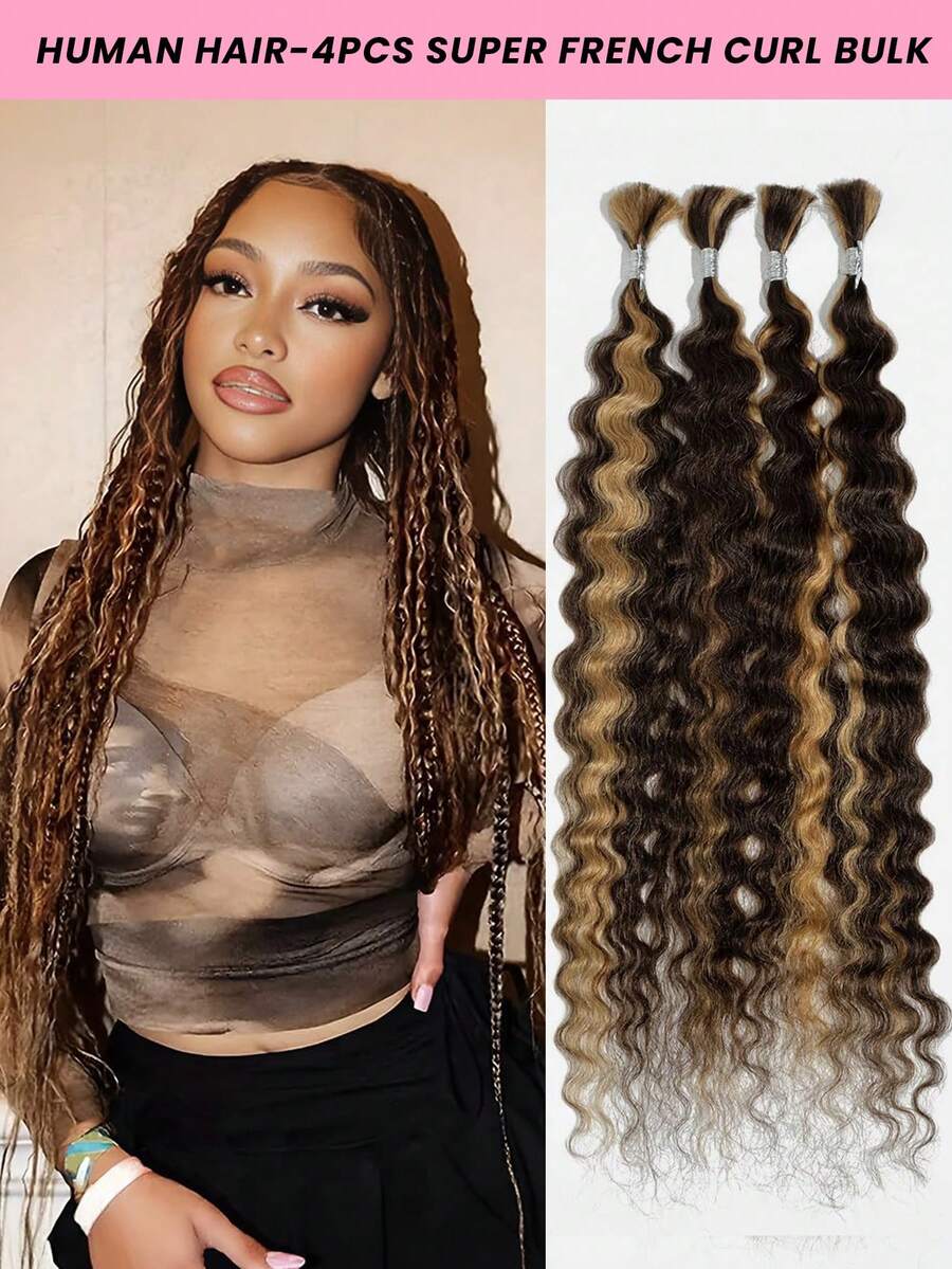 4 peças de extensão de cabelo humano ondulado com mechas super francesas, cabelo a granel ondulado e profundo para tranças boho, penteado boêmio sem nós, 95g/pacote, macio, castanho 4/27 com loiro, cabelo virgem brasileiro Remy, 35-60cm, sem trama, super ondulado, fácil de usar. - S4/27 - Ver 1
