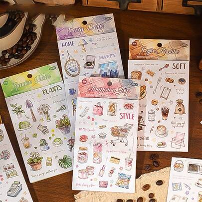 每包6张，日常图案，贴纸套装，创意DIY材料包，可用于装饰手机壳、剪贴簿、明信片、笔记本、杯子、相册、生日礼物，培养手工技能，返校季必备