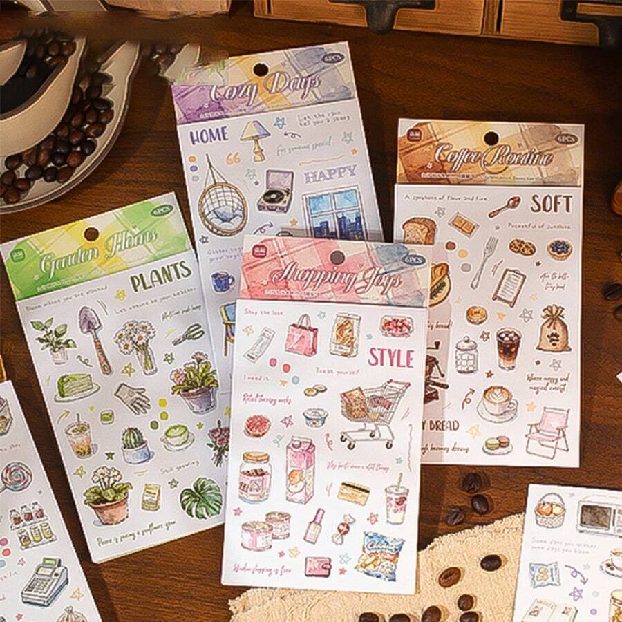 每包6张，日常图案，贴纸套装，创意DIY材料包，可用于装饰手机壳、剪贴簿、明信片、笔记本、杯子、相册、生日礼物，培养手工技能，返校季必备 - 彩色 - 查看 1