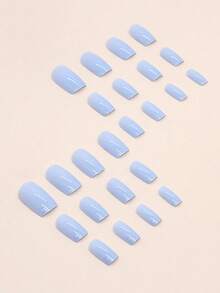 24片方形按压式美甲贴片 - 简约浅蓝色纯色亮面设计中长款人造指甲，适合女性日常佩戴和特殊场合，是送给她的完美礼物，美甲技巧礼物，精致的美甲用品。 - 淺藍色 - 查看 2