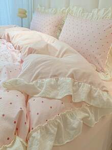 Queen Comforter Cover Set White/ Pink Dot Bed Set, 3 Pieces Cute Pink Bedding, 1 Soft Ruffles Comforter Cover And 2 Pillow Shams - Baby Pink - View 5