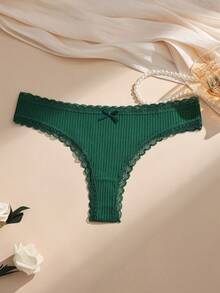 3pcs/Pack Cotton Lace Patchwork Bow Thong Panties, Seamless & Stretchy Women's Underwear - Multicolor - View 5