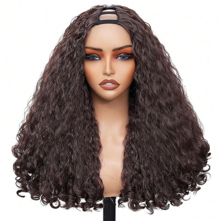 New Afro Curly V Part Wig Synthetic Braided Hair Texture With Unique Bouncy Curls In The End 22 Inch Soft Curly Full Hair V Part Wigs Synthetic For Women No Leave Out Clip In Half Wig - màu nâu - Xem 1