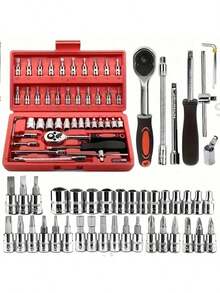 46pcs Ratchet Wrench Set, Men's Tool Kit With Hex Wrenches And Sockets, Tool Box, Auto Mechanic Tools, 1/4" Drive, Metric, With Extension Bars, Compact Multifunctional Solution For Bicycle And Motorcycle Maintenance, Auto Repair And Household Use - Steel Plated Structure, Pre-Assembled, Manual, With Storage Box - Color and Style Are Random - View 4