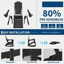 Techigher Folding Adirondack Rocking Chair, Multifunctional Patio Chair With Retractable Ottoman, HDPE Outdoor Lawn Chair With Cup Holders For Porch, Backyard, Pool - Black - View 3