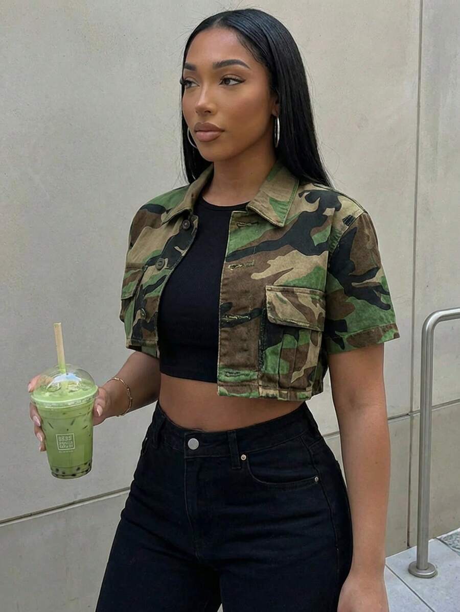 女士不对称迷彩短袖牛仔外套 - 軍綠色 - 查看 1