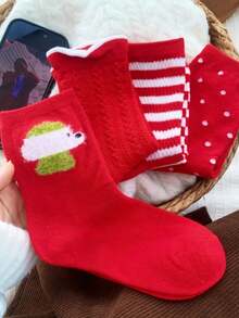 1/4 Pair Versatile Red Striped & Polka Dot Mid-Calf Socks, Autumn/Winter - Multicolor - View 2