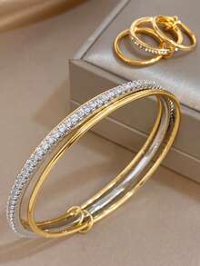 18K镀金不锈钢奢华优雅多层叠戴手镯戒指套装，双色金银镶嵌全锆石设计，适合情人节、派对、晚宴、日常佩戴、狂欢节、新年、婚礼、海滩、圣诞节、周年纪念日、妈妈礼物、波西米亚风珠宝、生日礼物、伴娘礼物等场合。 - 彩色 - 查看 2