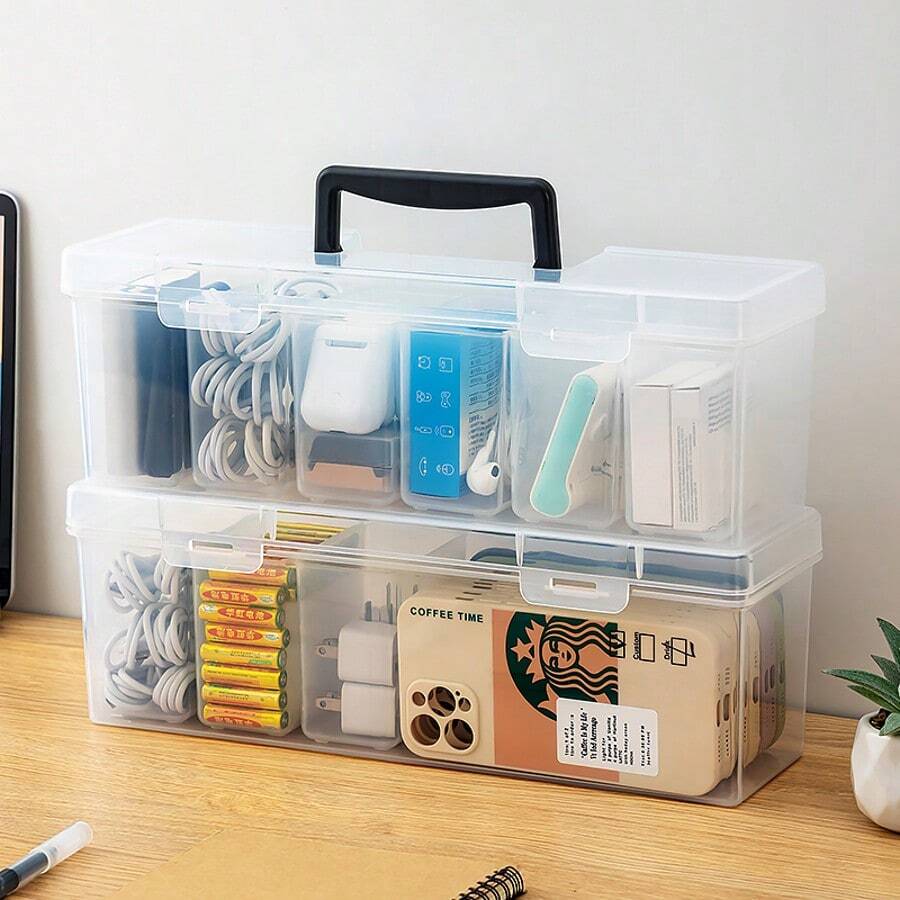 1pc Transparent Large Capacity Hardware Tool Box, Outdoor Portable Equipment Tool Case, Stackable Dustproof Plastic Storage Container With Handle & Lid, Easy-To-Carry Multifunctional Tool Storage Organizer Box - Multicolor - View 1
