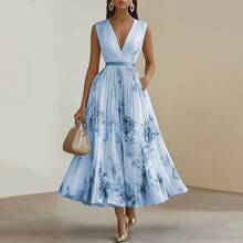 Women's Floral Print Maxi Dress Sleeveless Deep V Neck Pleated A Line Dress Elegant Evening Party Formal Wedding Guest Dresses - 藍色 - 查看 1