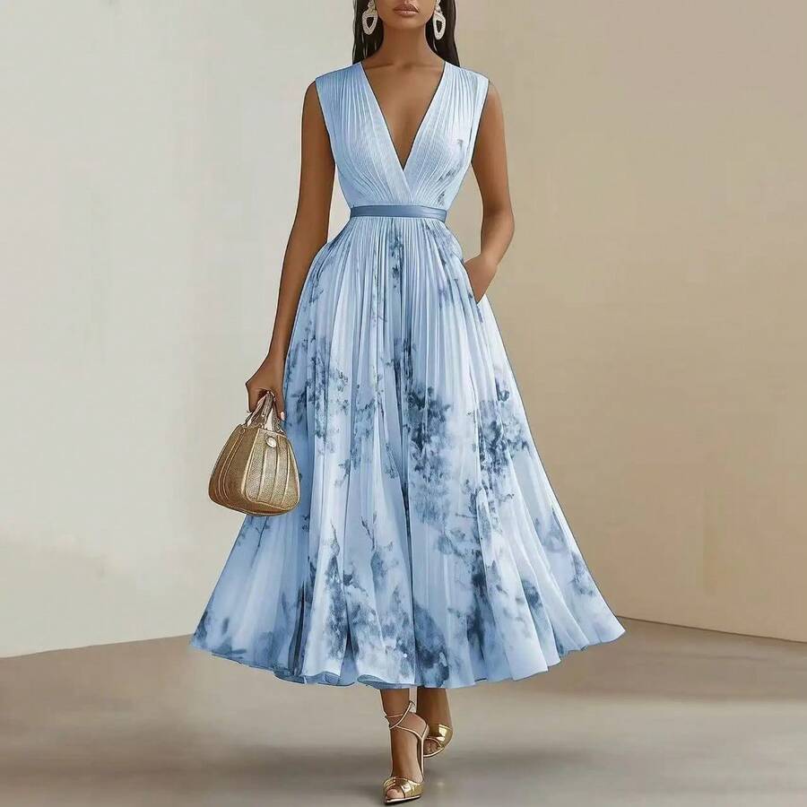 Women's Floral Print Maxi Dress Sleeveless Deep V Neck Pleated A Line Dress Elegant Evening Party Formal Wedding Guest Dresses - 藍色 - 查看 1