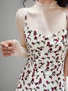 高领透视网纱罩衫，性感轻薄打底衫，饰有树枝纹理刺绣，长袖上衣 - 白色 - 查看 4