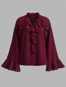 ANCHOSE Blusa de mujer elegante de color borgoña con volantes, cuello en V y mangas acampanadas de manga larga, adecuada para la oficina y ocasiones casuales, primavera/verano - Burdeos - Ver 2