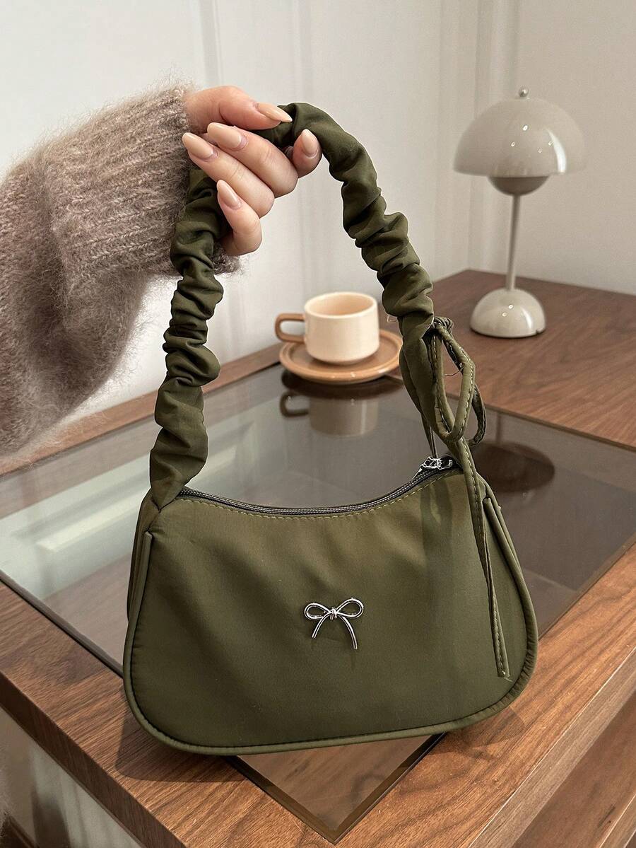 1pc Nylon Pleated Baguette Bag, Women's Casual Drawstring Shoulder Bag, Versatile Bow Decor Handbag - Green - View 1