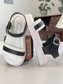 1 Pair Girls' Black & White Soft Leather Flat Sandals, Summer New Non-Slip Wear-Resistant Open Toe Minimalist Style Sandals, Suitable For Summer Outings - Black - View 7