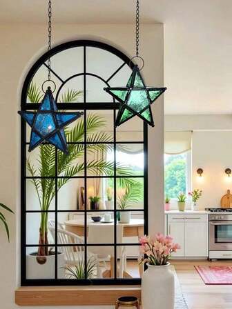 1pc Elegant Hanging Iron Star-Shaped Glass Candle Holder, Vintage 5-Pointed Star Windproof Tealight Candle Holder, Suitable For Home, Garden, Restaurant, Patio Decor
