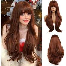 D26 Inches Long Dark Auburn Wig With Bangs Slightly Curly Hair Ends Natural Synthetic Hair Straight Wigs For Women Daily Party Cosplay Wear - DARKAUBURN - View 1
