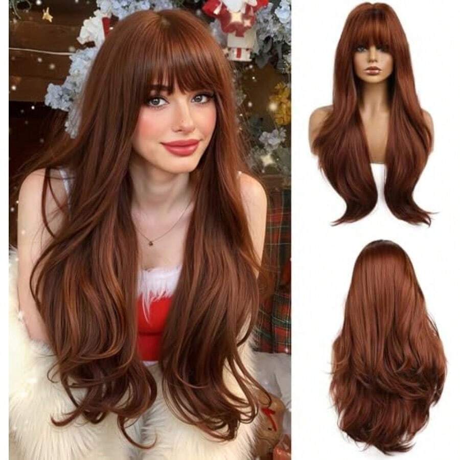 D26 Inches Long Dark Auburn Wig With Bangs Slightly Curly Hair Ends Natural Synthetic Hair Straight Wigs For Women Daily Party Cosplay Wear - DARKAUBURN - View 1
