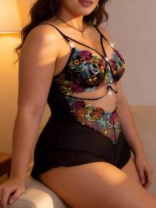 Plus Size Sexy Lingerie For Women Floral Embroidered Lace Bodysuit With Sheer Mesh & Ruffle Hem - màu đen - Xem 5