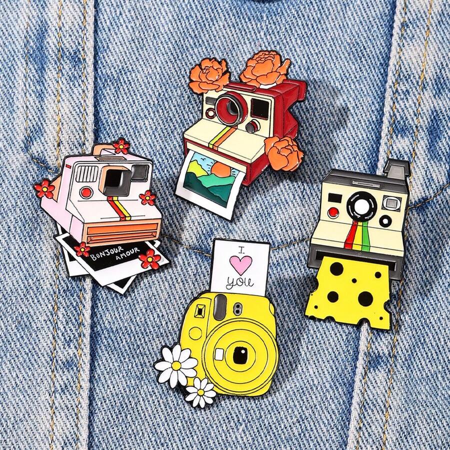 4件套 拍立得相机珐琅胸针 时尚装饰胸针 衣领别针 包包徽章 珠宝礼品 - 彩色 - 查看 1